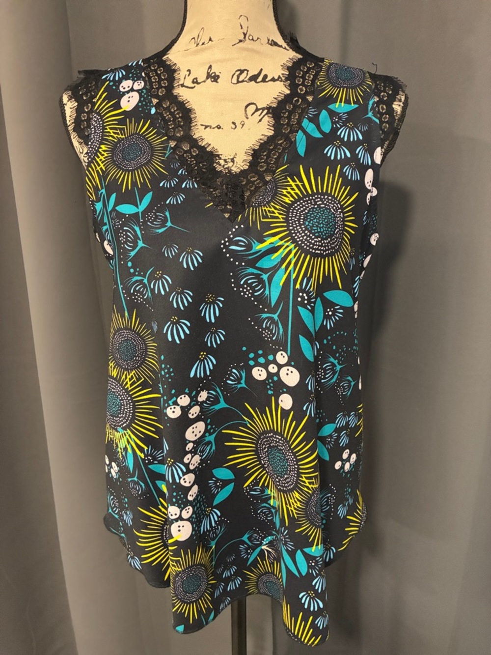 Floral Lace-Trim Camisole - Black with Teal & Yellow Accents